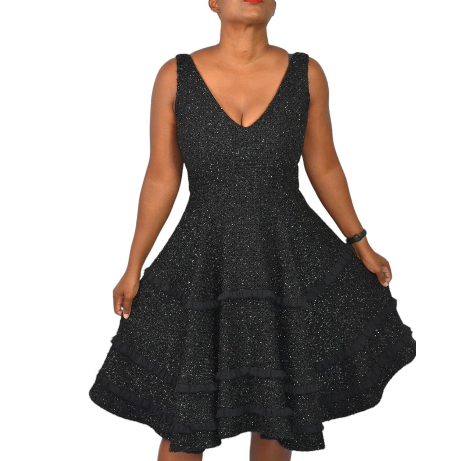 Abbey Glass Black Dress Tweed Boucle Textured Sparkle Shimmer Full Midi Swing 4
