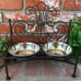 Black Wrought Iron Elevated Pet Feeder W/Silver Bowl Set; Ornate Scroll Design