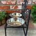 Black Wrought Iron Elevated Pet Feeder W/Silver Bowl Set; Ornate Scroll Design