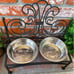 Black Wrought Iron Elevated Pet Feeder W/Silver Bowl Set; Ornate Scroll Design
