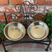 Black Wrought Iron Elevated Pet Feeder W/Silver Bowl Set; Ornate Scroll Design