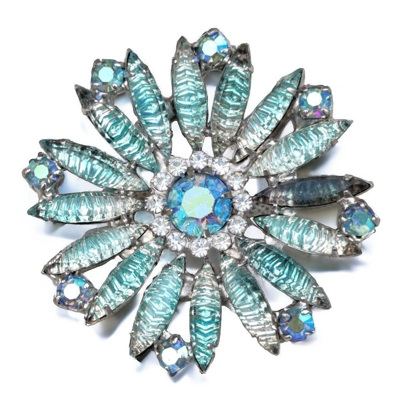 Vintage blue navette art glass flower brooch