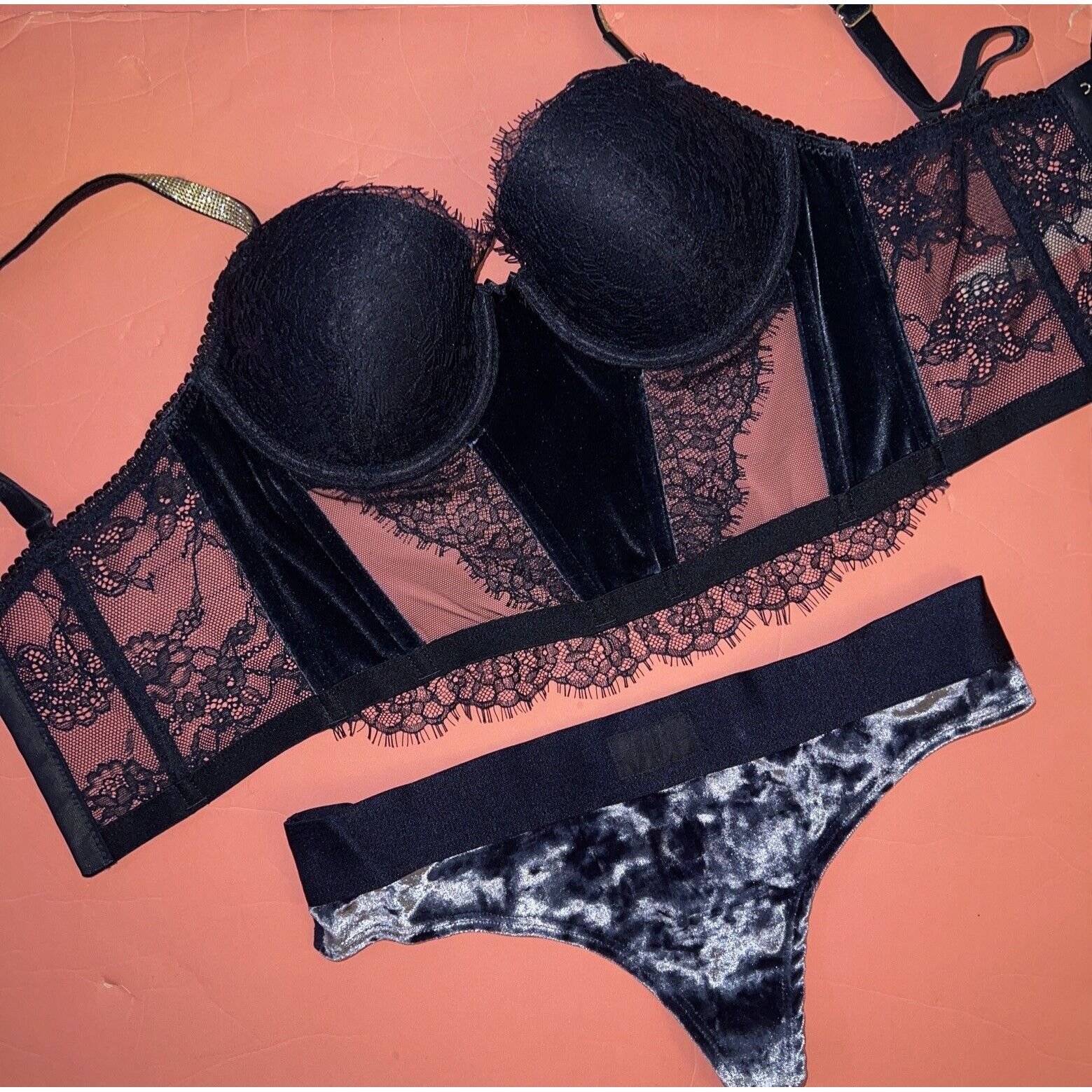Victoria's Secret LONGLINE 36D BRA SET CORSET TOP M VELVET Velour Lace NAVY BLUE