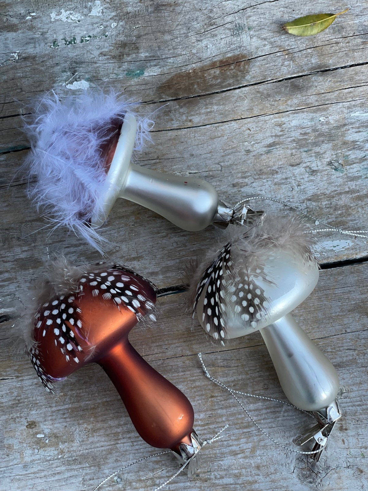 Martha Stewart feathers glass clip on mushroom ornaments Set of 3 New