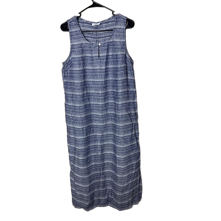 Pure Jill Blue Striped Pattern Scoop Neck Linen Sleeveless Maxi Dress Medium