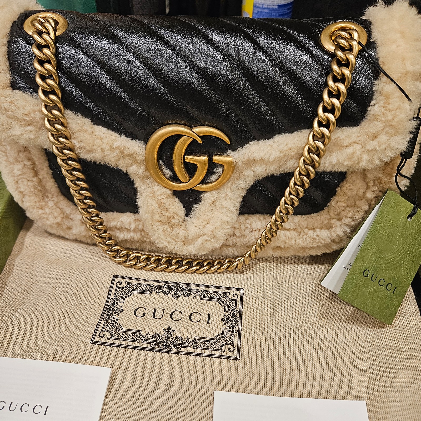 Authentic Gucci Marmont Flap Quilted Leather Bag with Wool Trim