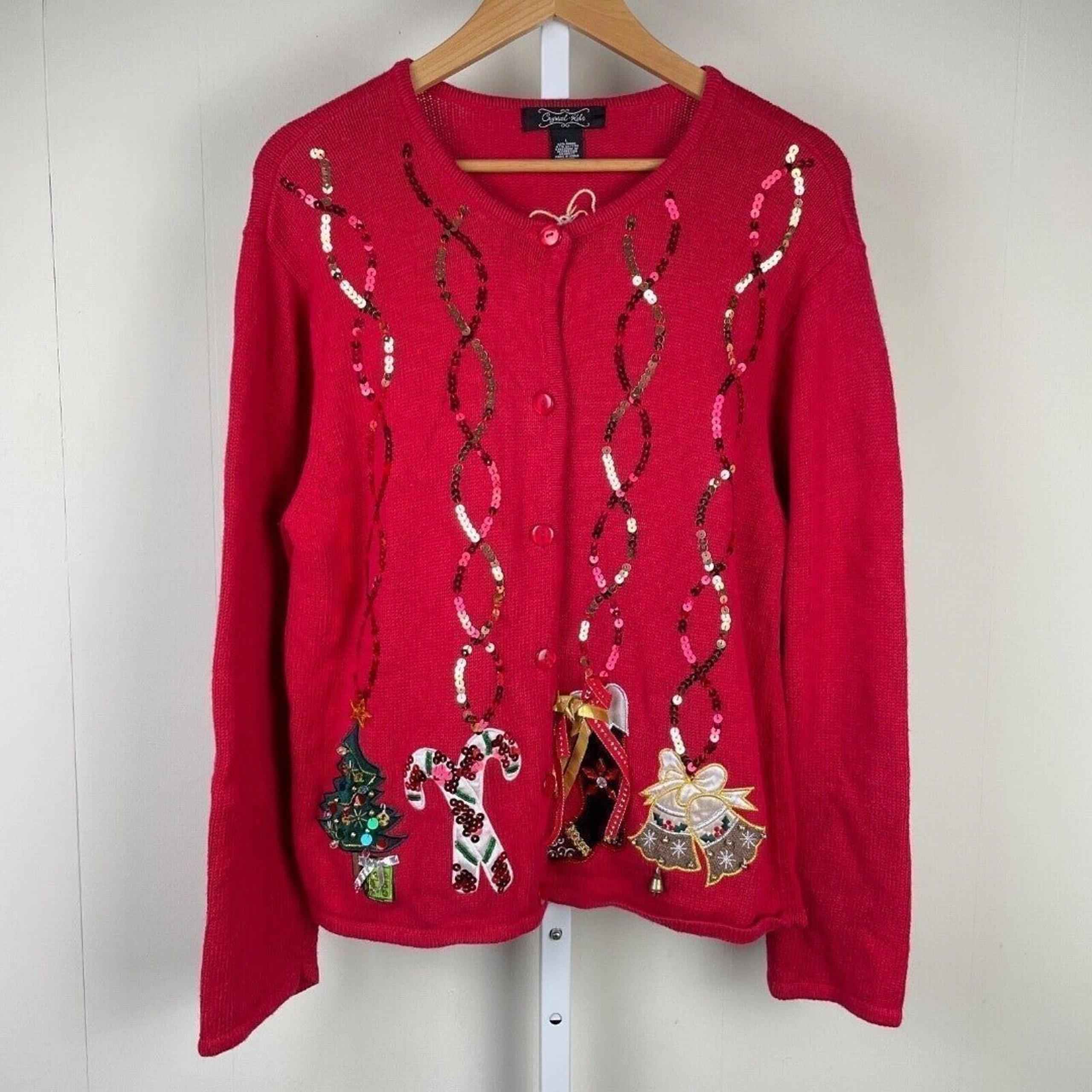 Crystal Kobe Red Christmas Cardigan Sweater Sequin Jingle Bells Womens Large