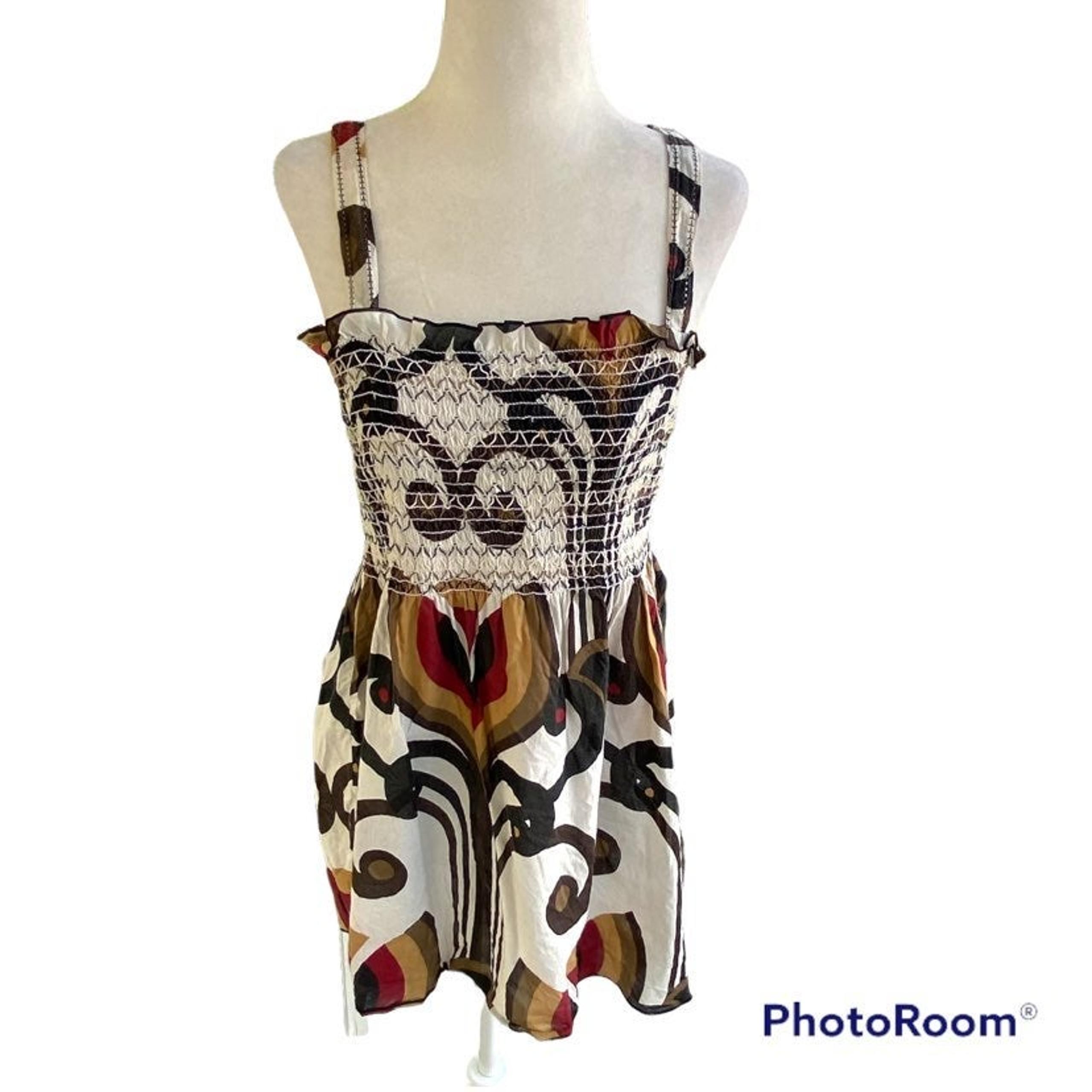 GAP Smocked Woven Cotton Tank Top Black Ivory Brown Red Tan Women Size Medium