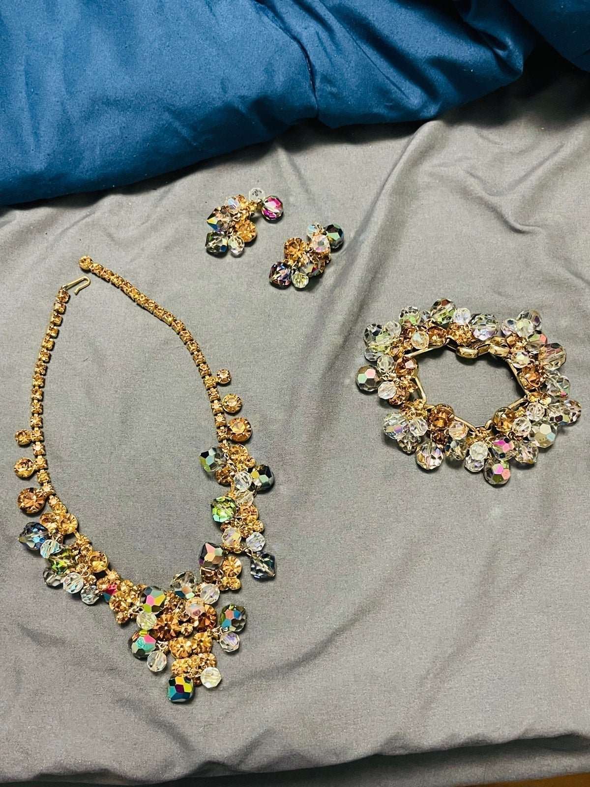 Vintage Juliana AB beaded dangle parure necklace bracelet earring set
