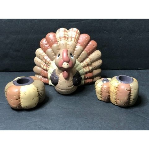 Vintage Ceramic quilt design paint thanksgiving turkey with pumpkin votives