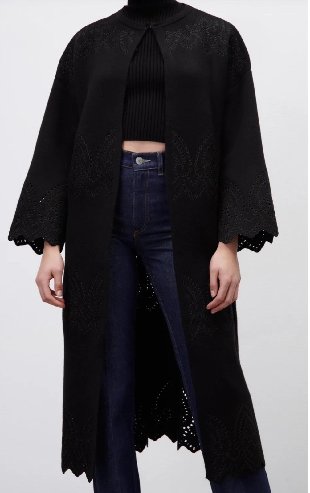 ZARA EYELET DETAIL KNIT COAT LONG LINE CARDIGAN SZ M NWT