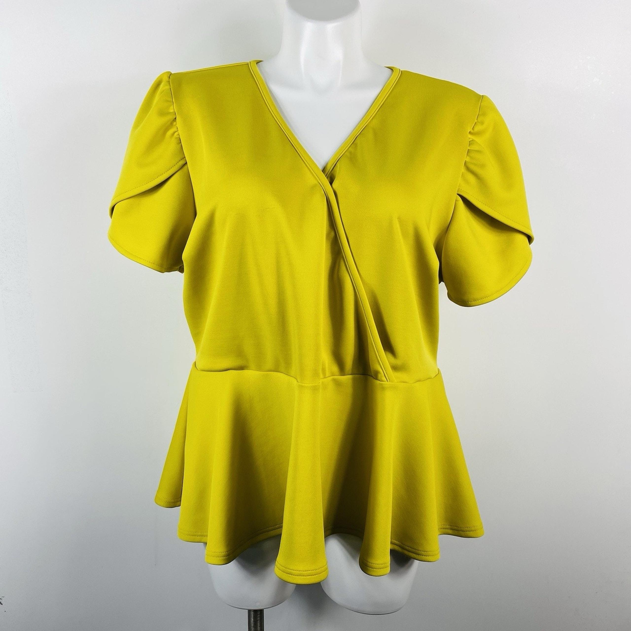 Ashley Stewart Plus Size 22 24 Tulip Sleeve Surplice Peplum Top Yellow