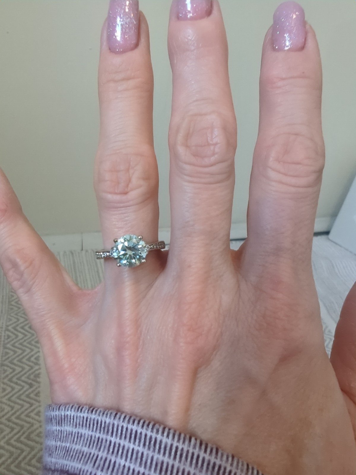 2 Ct light blue Moissanite Sterling Silver, Round cut, stamped filigree Ring 5.5