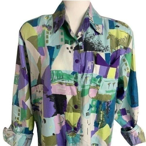 Vintage 80s Button Down Shirt Dress M Multicolor Blue Abstract Oversized Funky