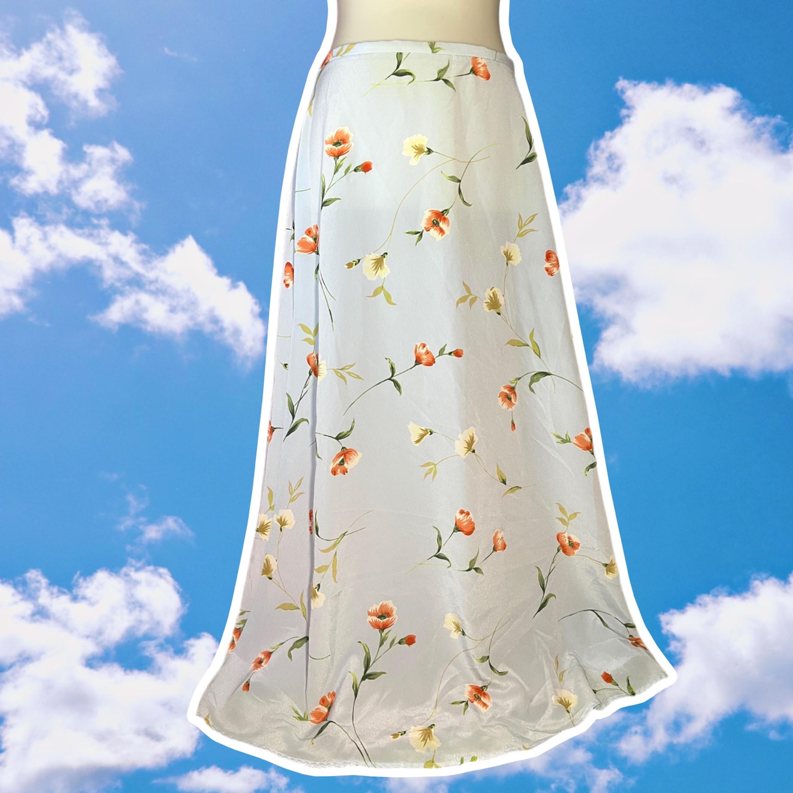Kathie Lee long A-line light blue floral skirt,12