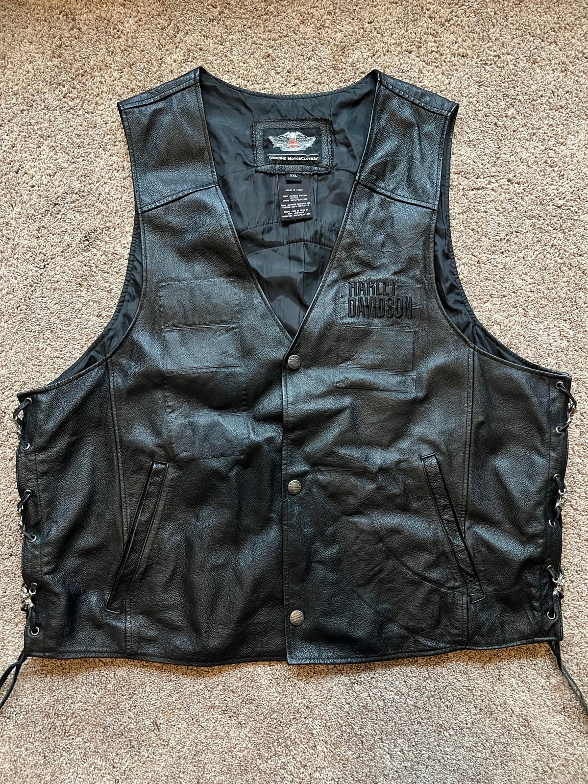 Harley Davidson Traditional Black Leather Pigskin Motorcycle Vest Men Lace Up