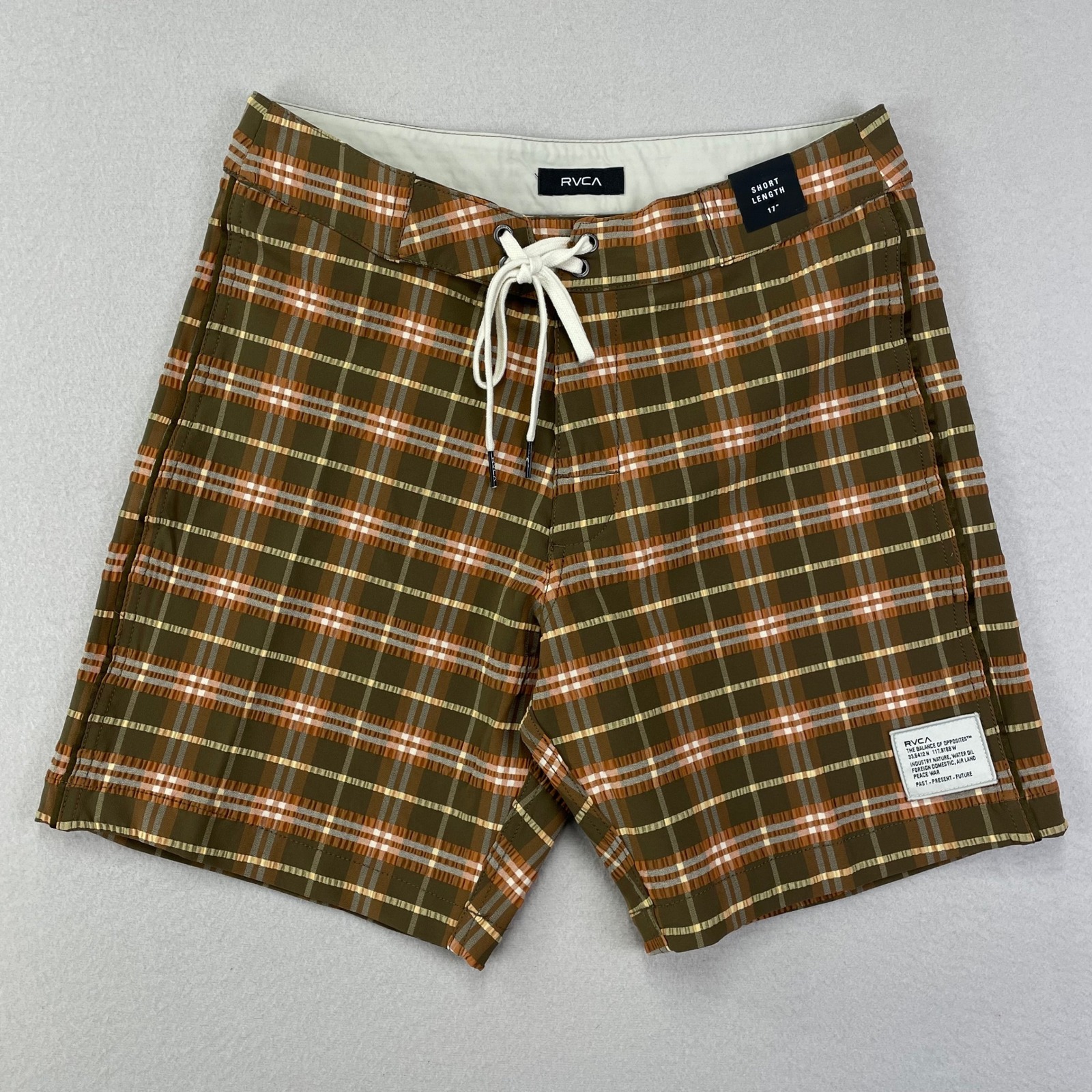 RVCA Hybrid Shorts Mens 28 Brown Plaid Seersucker Retro Surf Skate Sustainable