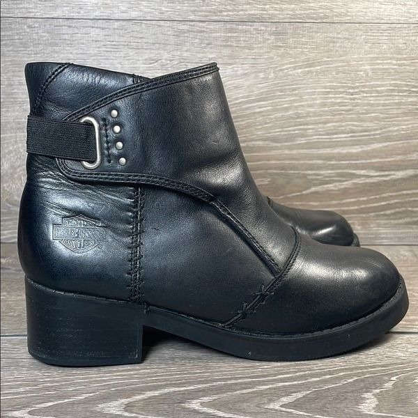 Harley-Davidson Cheri Black Leather Women's Sz 9 Chunky Pull On Ankle Moto Boots