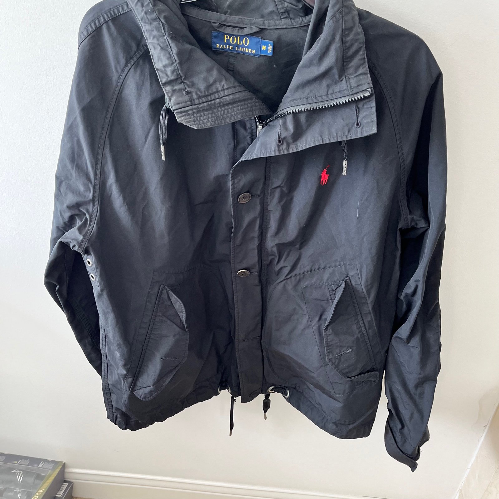 Ralph Lauren Polo Jacket Adult Medium Black hooded full zip and buttons EUC.