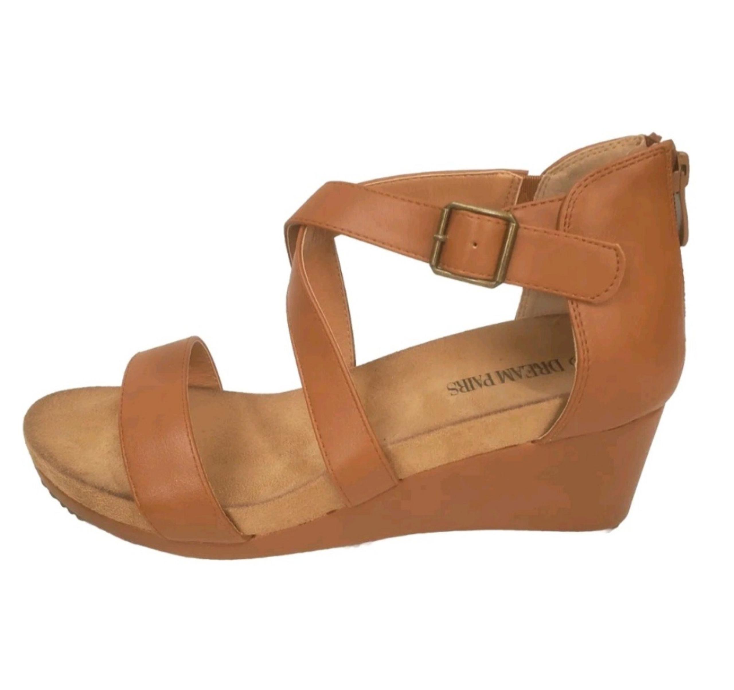 Women's Dream Pairs Camel Brown Ankke Strap Wedge Sandals Back Zipper Sz 9.5