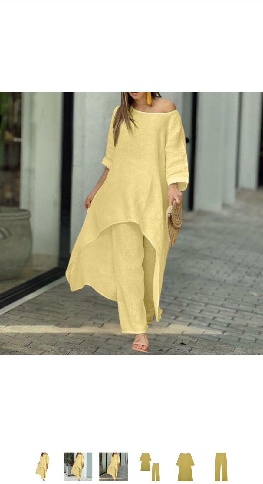 Women Linen Set 2 Piece Outfits Pant + 3/4 Sleeve Irregular Ham Dress Large