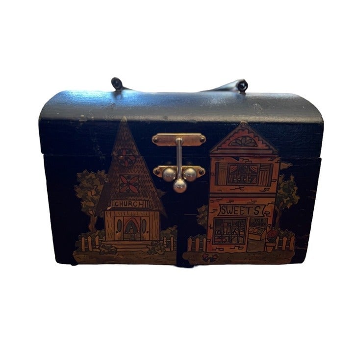 Vintage Wooden Purse Dark Green Decoupaged Buildings Town