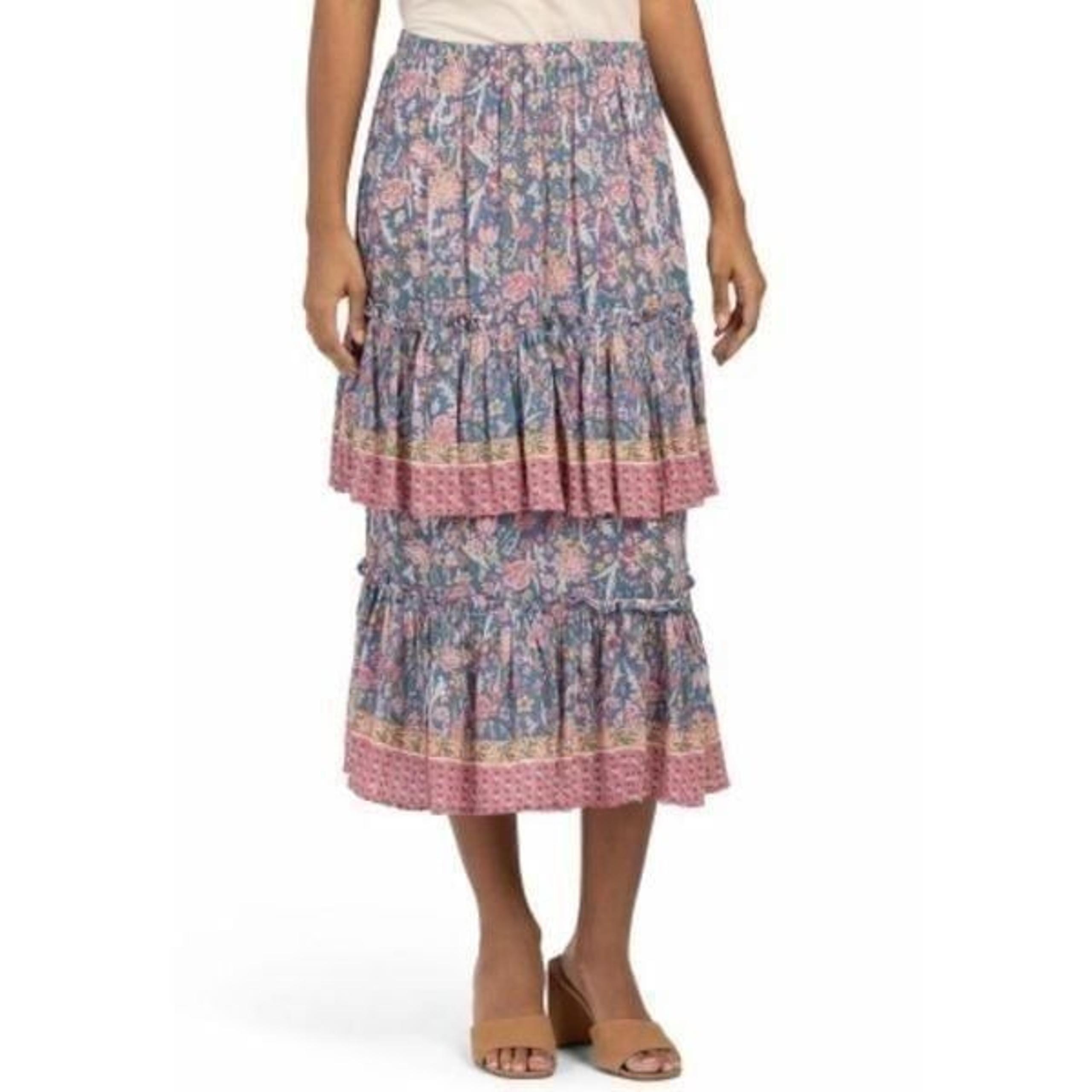 Rachel Zoe Floral Tiered Ruffle Maxi Skirt Blue multi Size Large NWT