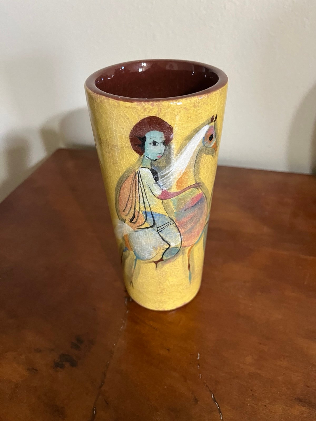Mid-Century Modern Polia Pillin Art Pottery Vase – Yellow Glaze, Girl & Horse