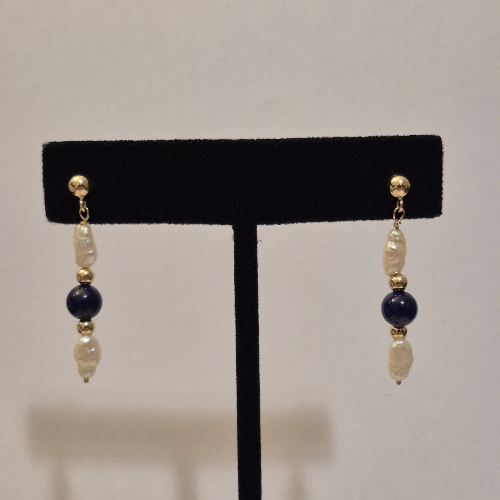 14K Gold Freshwater Rice Pearl & Lapis Lazuli Dangle Stud Earrings