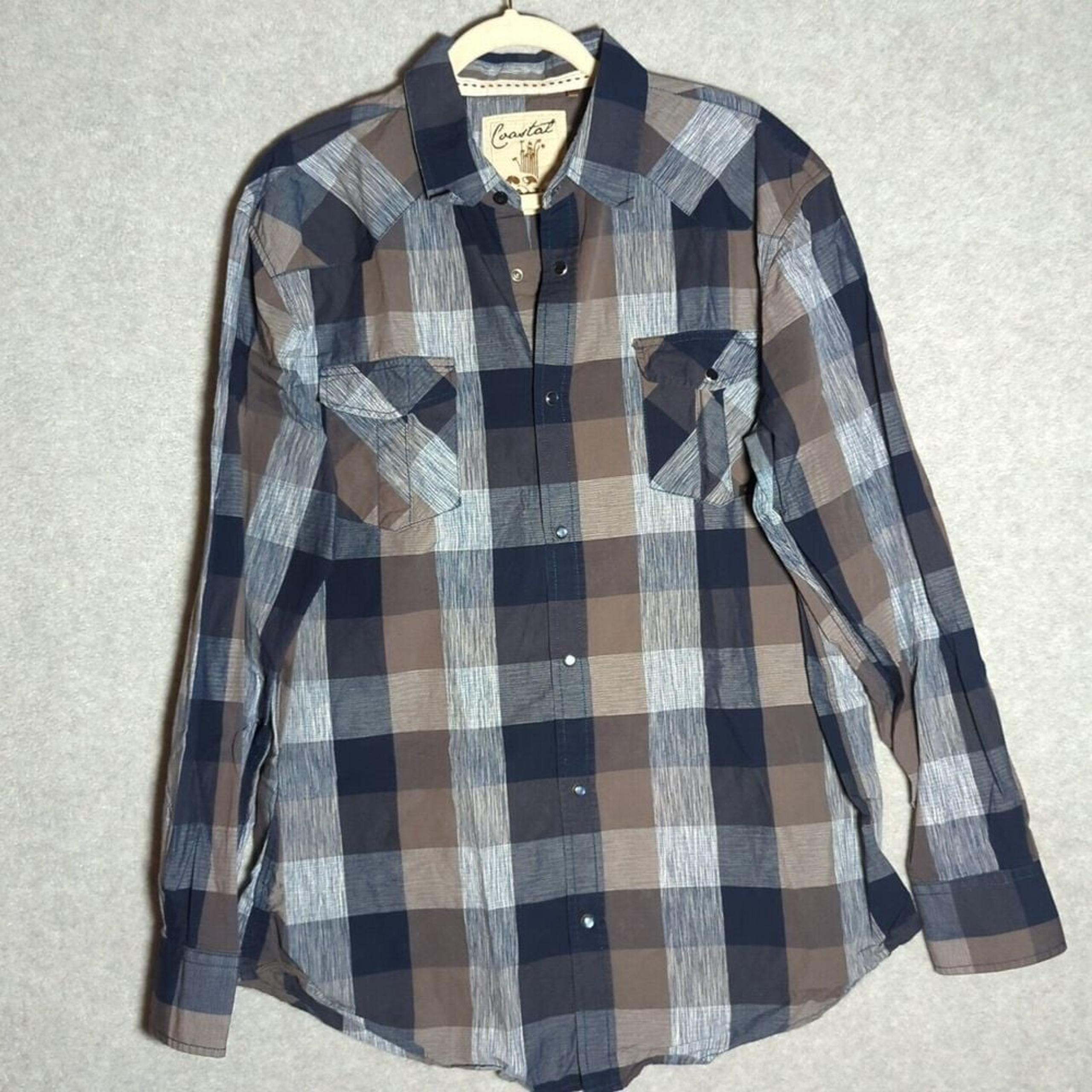 Coastal Long Sleeve Shirt Adult XL Light Blue Pearl Snap Button  Plaid Men's