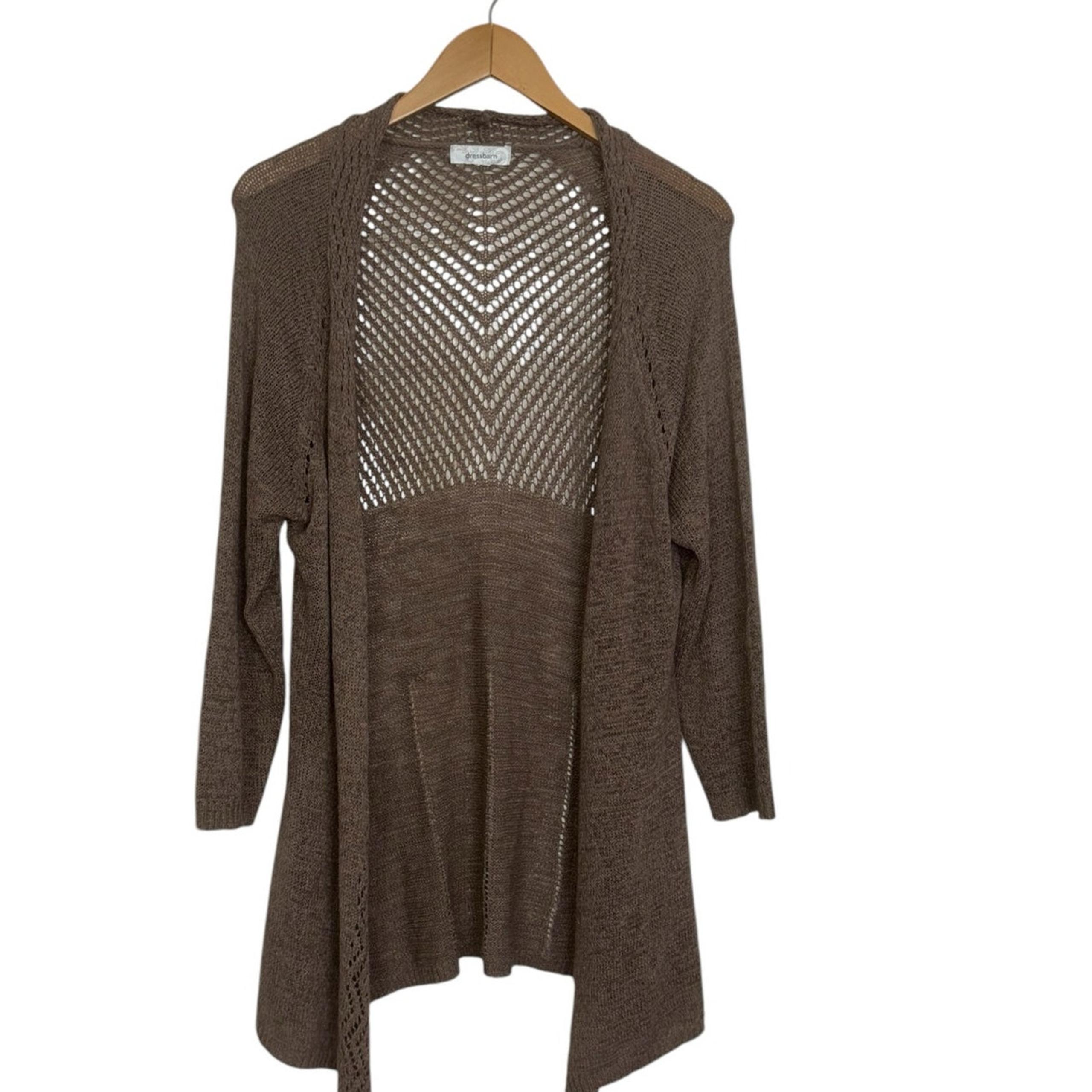Dressbarn Tunic Length Open Taupe Lacey Knit Cardigan Size Large