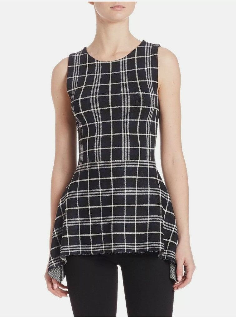 Theory Navy White Kalora Lustrate Plaid Peplum Knit Tunic Top Size P NWT.