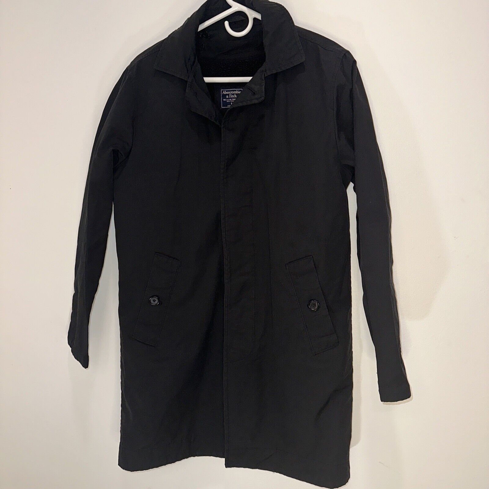 Vntg Abercrombie & Fitch TRENCH COAT Mens Small Black All Season Weather