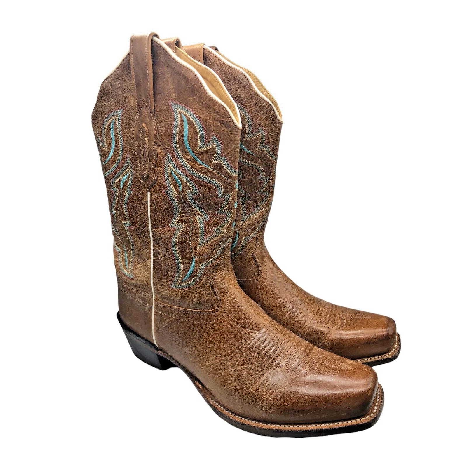 Old West Cowboy Boots Size 10 Womens Brown Blue Stitched Leather Cowgirl Western