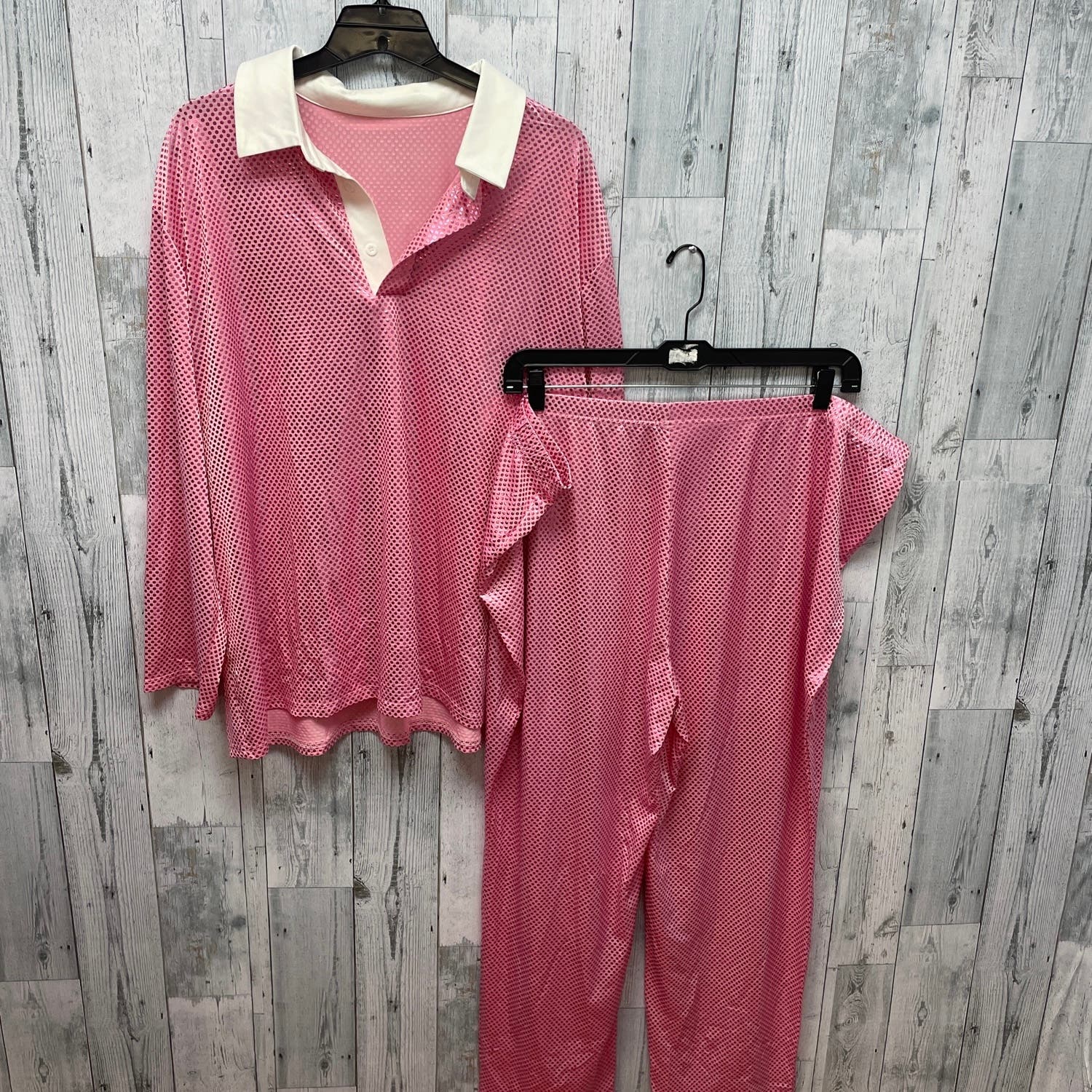 Womens Plus Size 5X Metallic Pink Polka Dot PolyCotton Long Sleeve Shirt & Pants