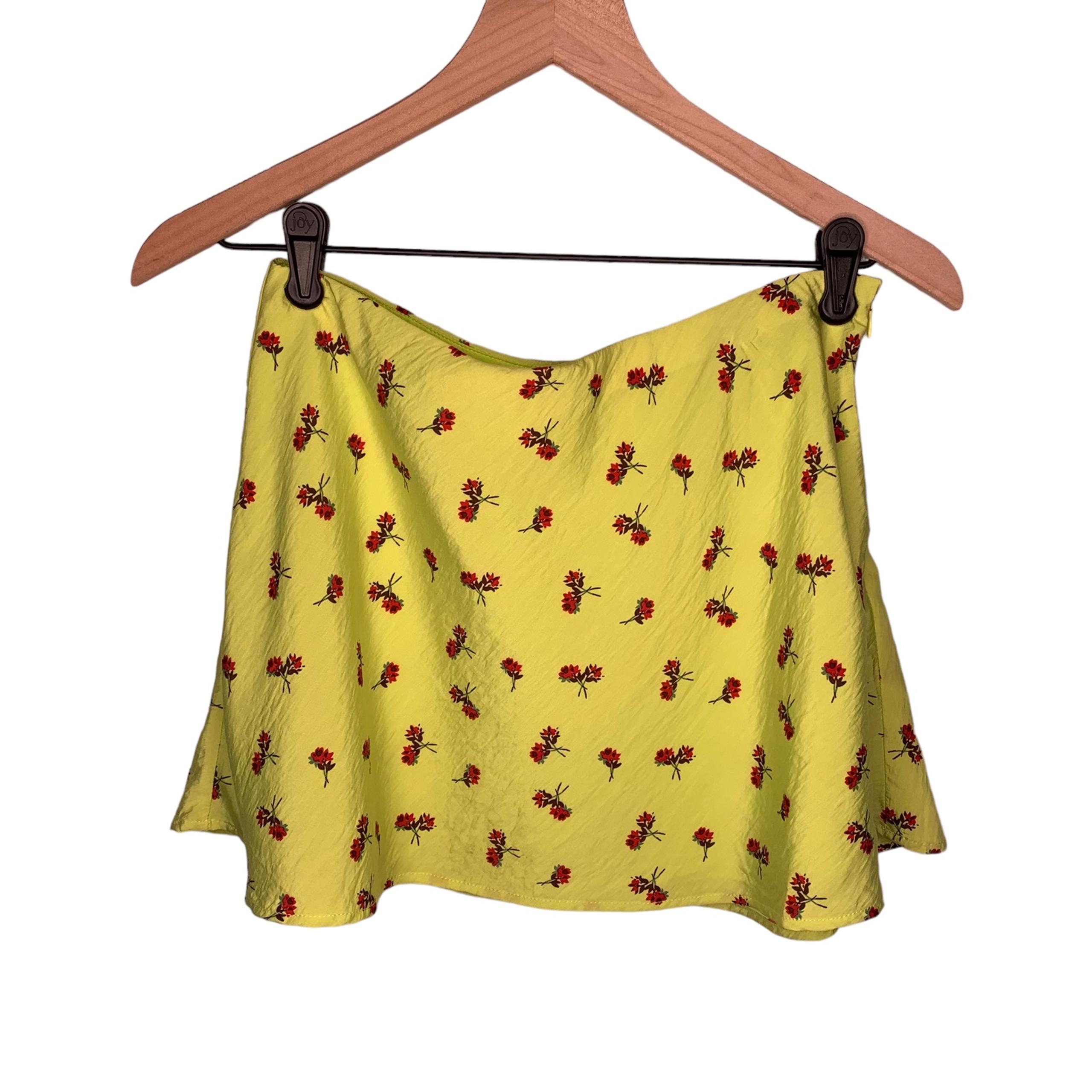 NWOT Urban Outfitters Mini Skirt Neon Yellow-Green Red Flowers Floral A-Line