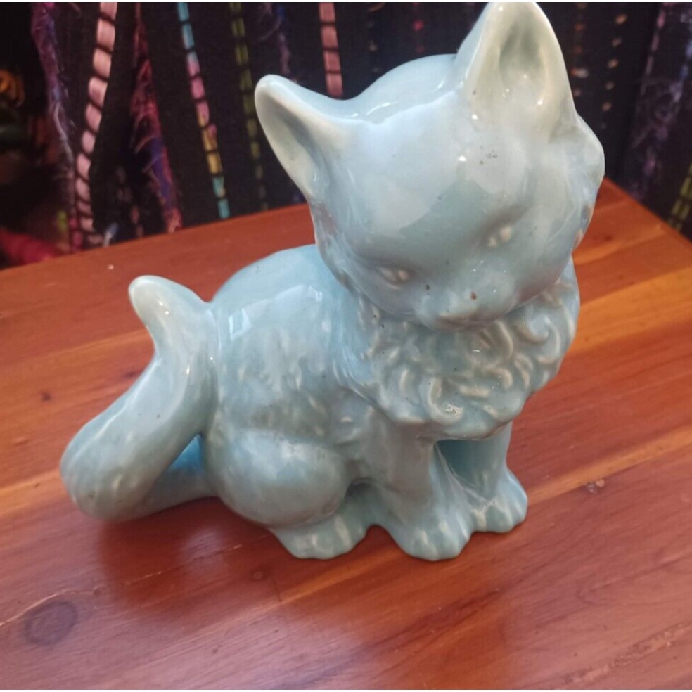 Vintage Blue Cat Planter Sitting Kitty Ceramic