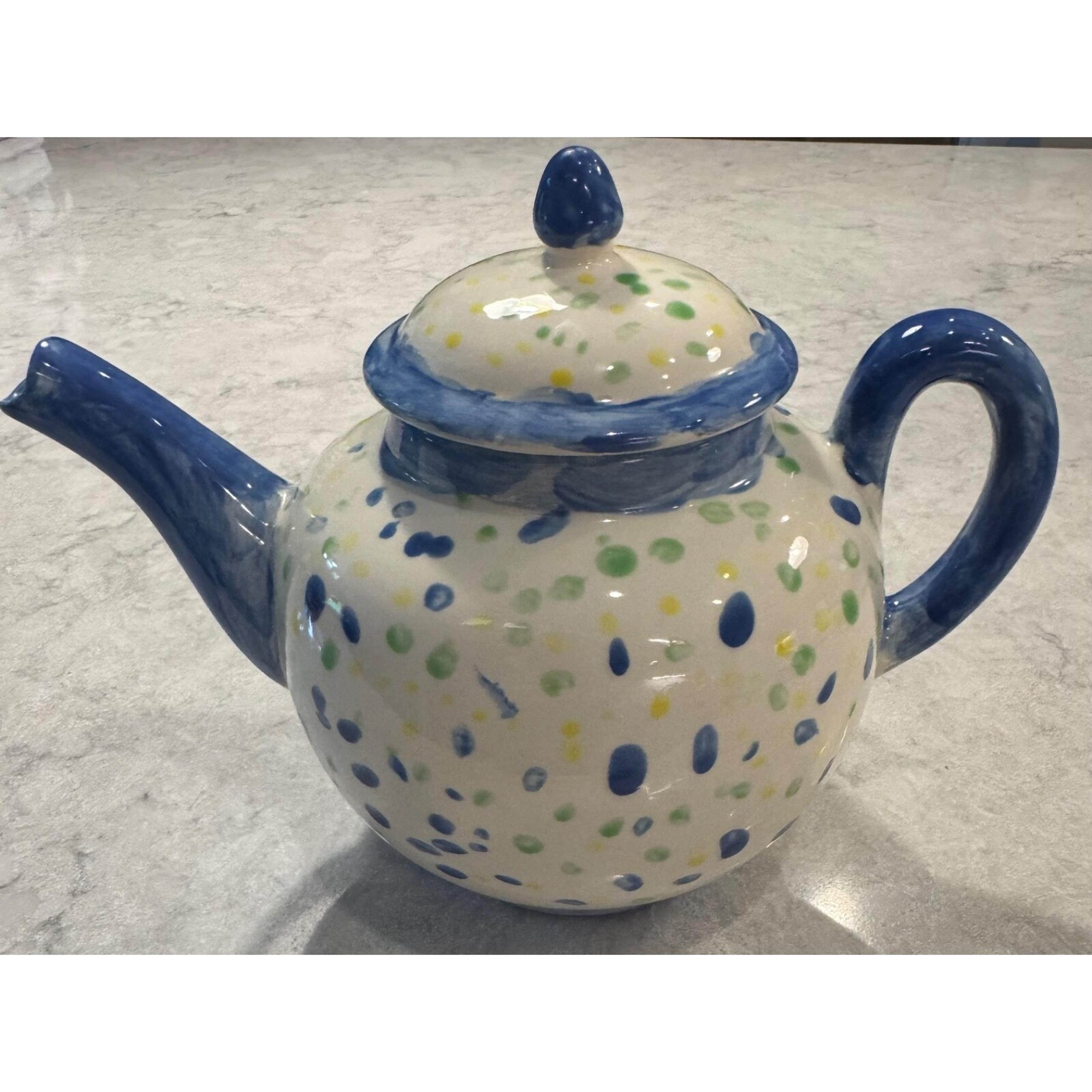 Adorable Hand Painted Polka Dot Teapot Blue Yellow Green Polka Dots Colorful
