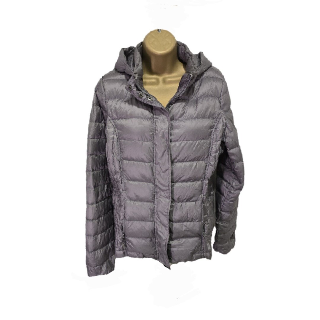 32 Degrees Hooded Jacket Women L Down Quilted Zip Puffer Packable Gray Gorpcore