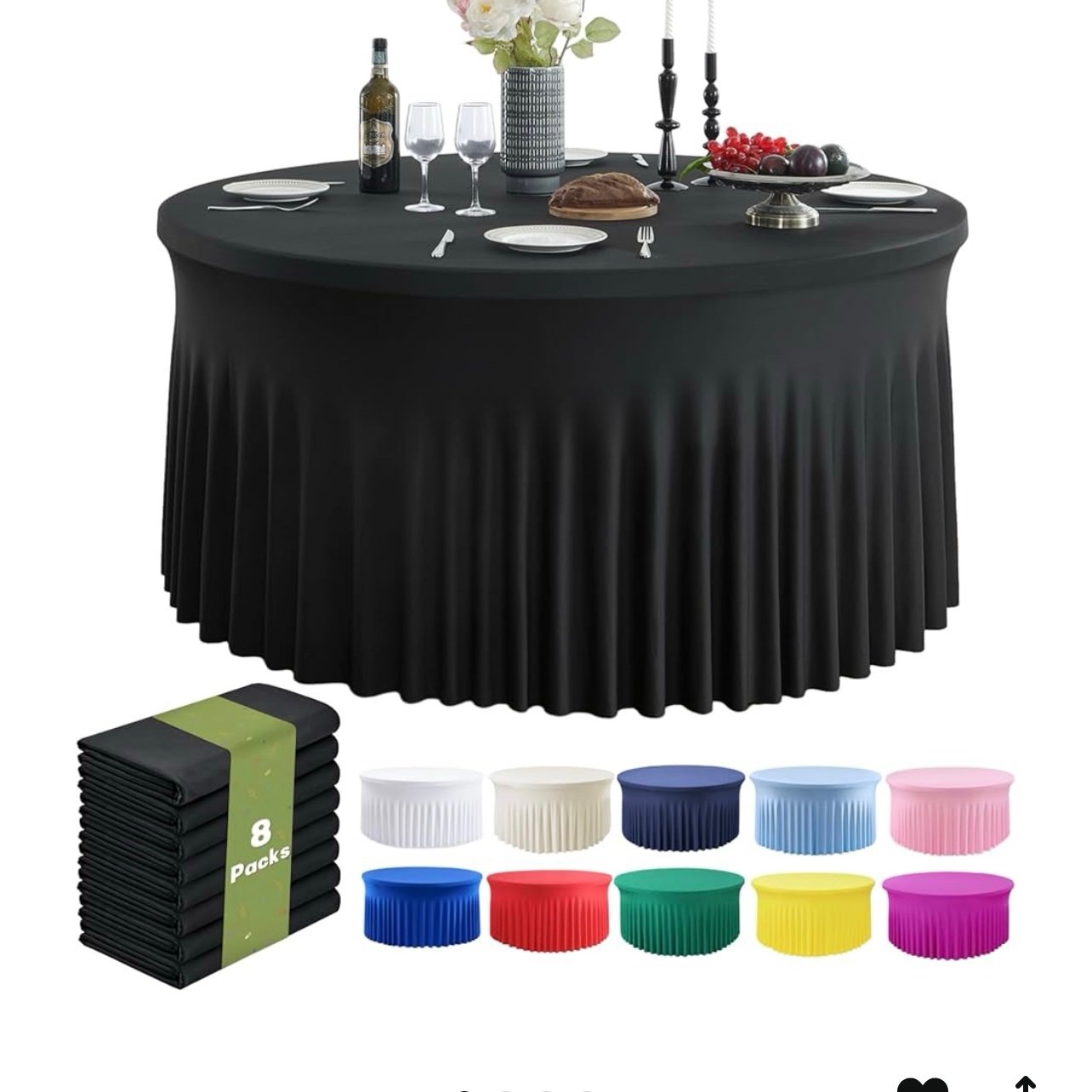 8 Pack black Spandex Round Tablecloths for 72 inch Table, 132inch
