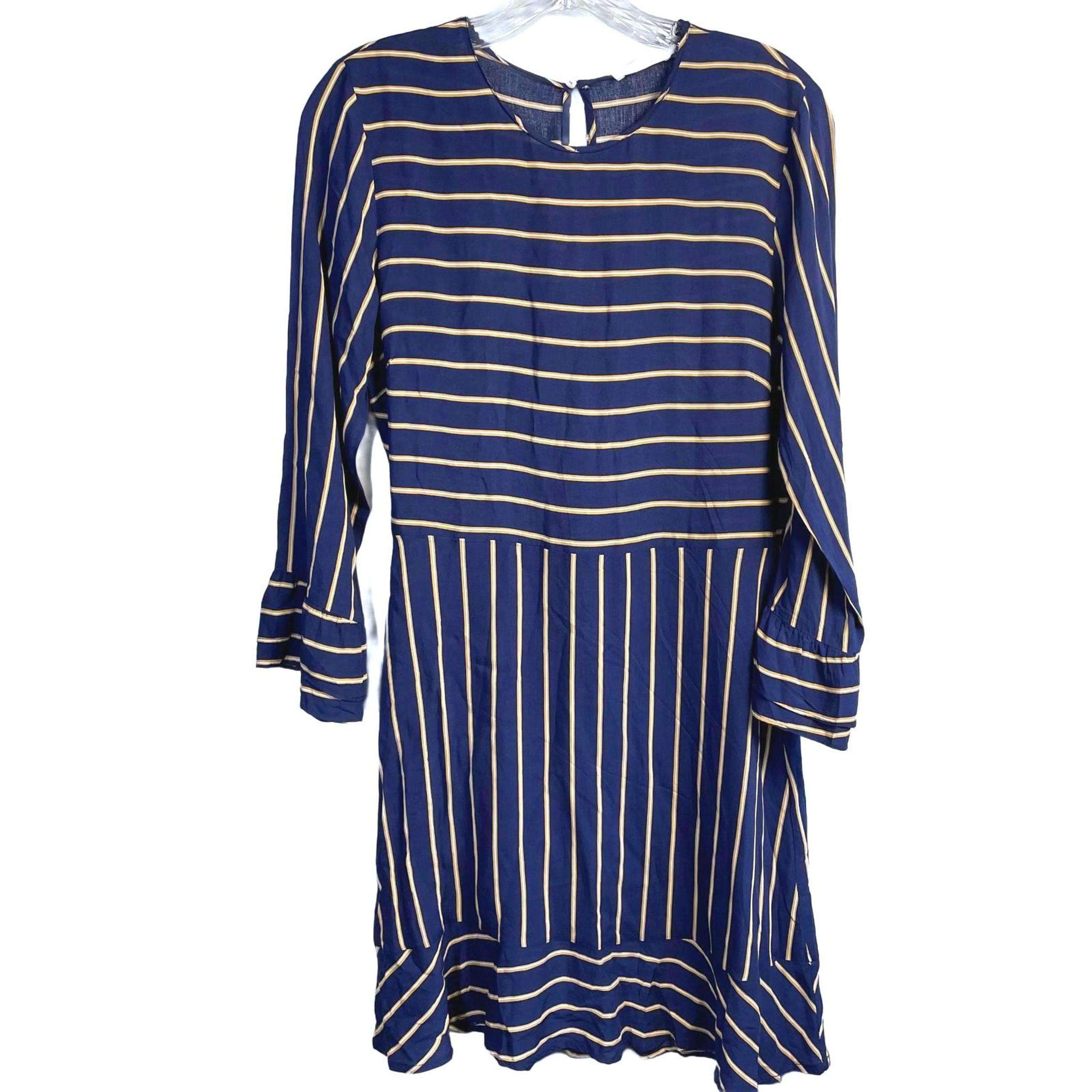Navy & Yellow Striped Lush Long Sleeve Midi Dress Size S Navy & Yellow Striped Long Sleeve Midi Dress Size S - Lush
