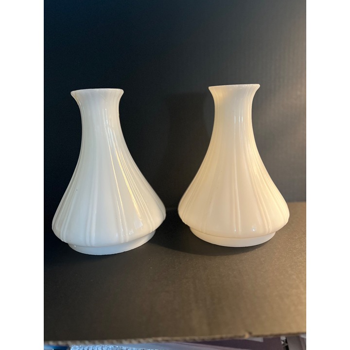 Pair Of Vintage Milk Glass Lamp Shades Ribbed Pattern Flared Base Ivory READ
