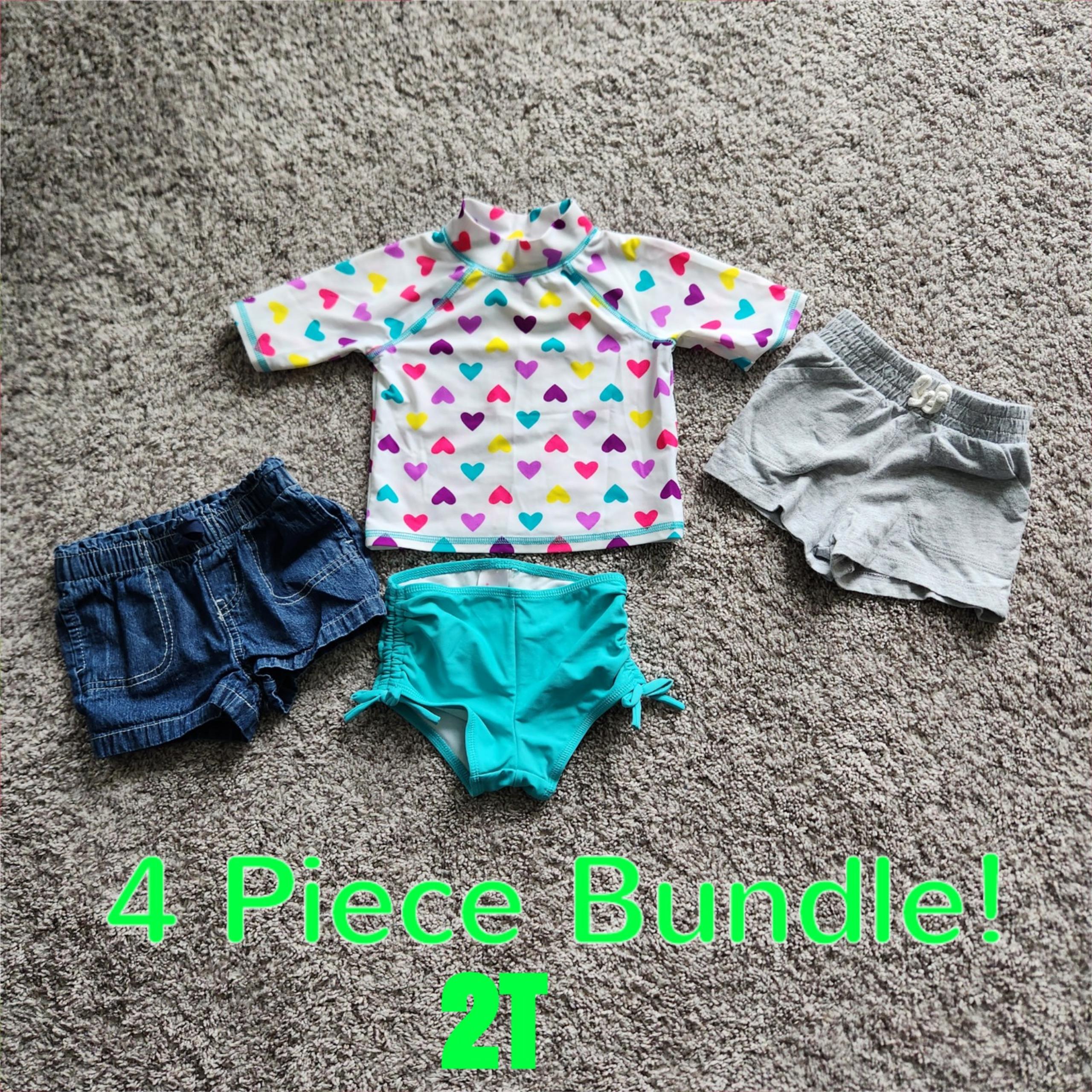4 Piece Bundle - 2T Girl's 2 piece bathing suit and 2 pairs of shorts