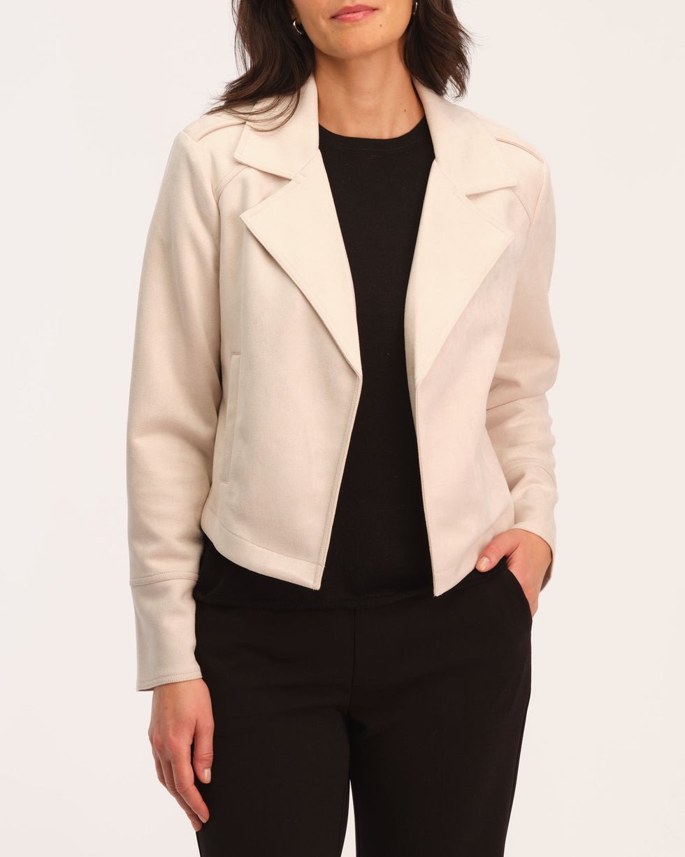 NWT Philosophy Womens M Open Front Beige Khaki Faux Suede Leather Moto Jacket
