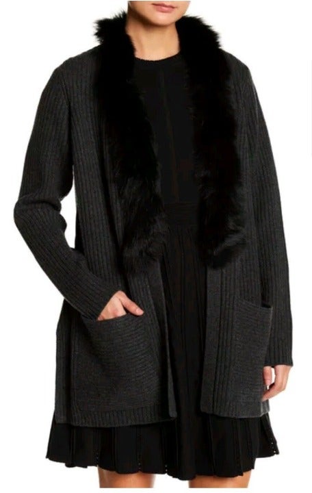 Women's NWT 595 MILLY Dark Gray Genuine Fox Fur Trim Jacket Size M