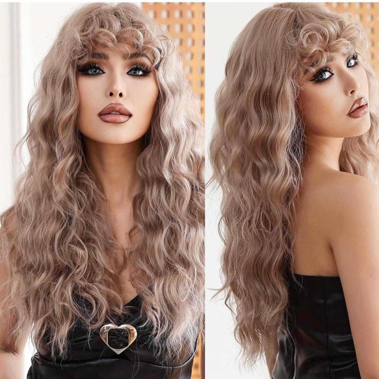 Human hair blend brown blonde wig with wavy bang.
