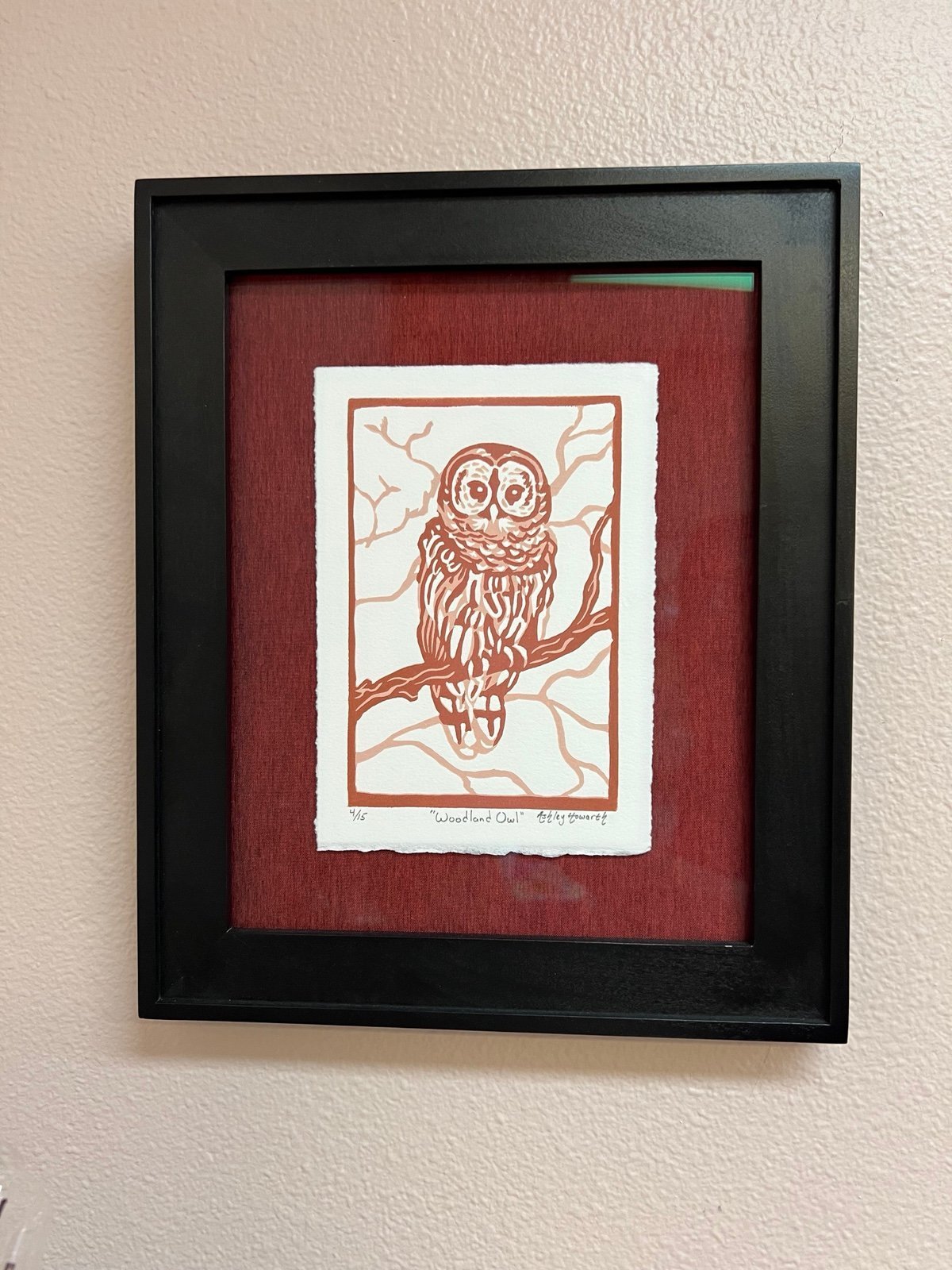 Framed art woodland owl original print pink relief spotted owl bird