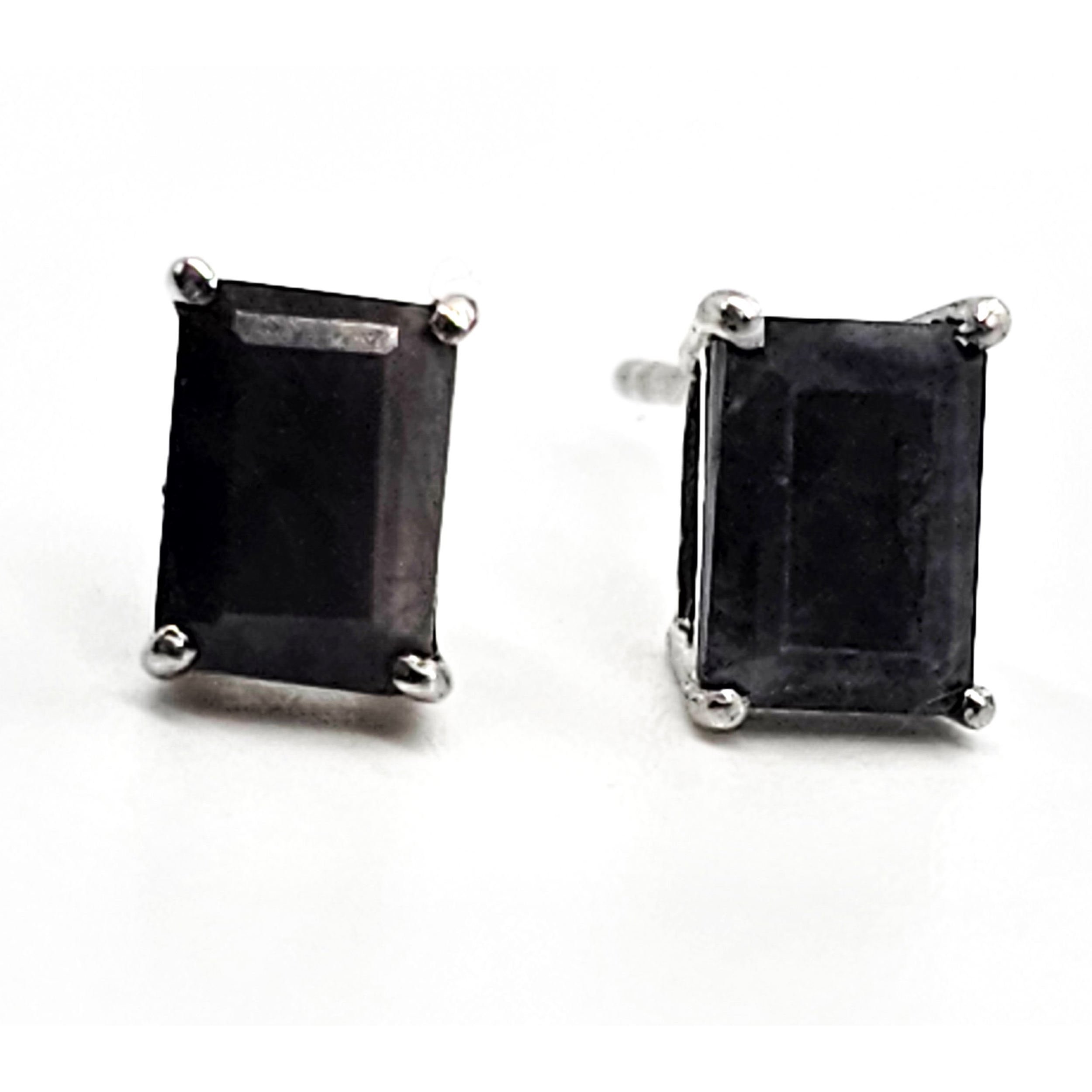 STS black sapphire emerald cut sterling silver stud earrings