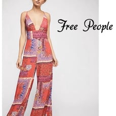 Free People Margarita Bohemian Patchwork Red Purple Flowy Jumpsuit