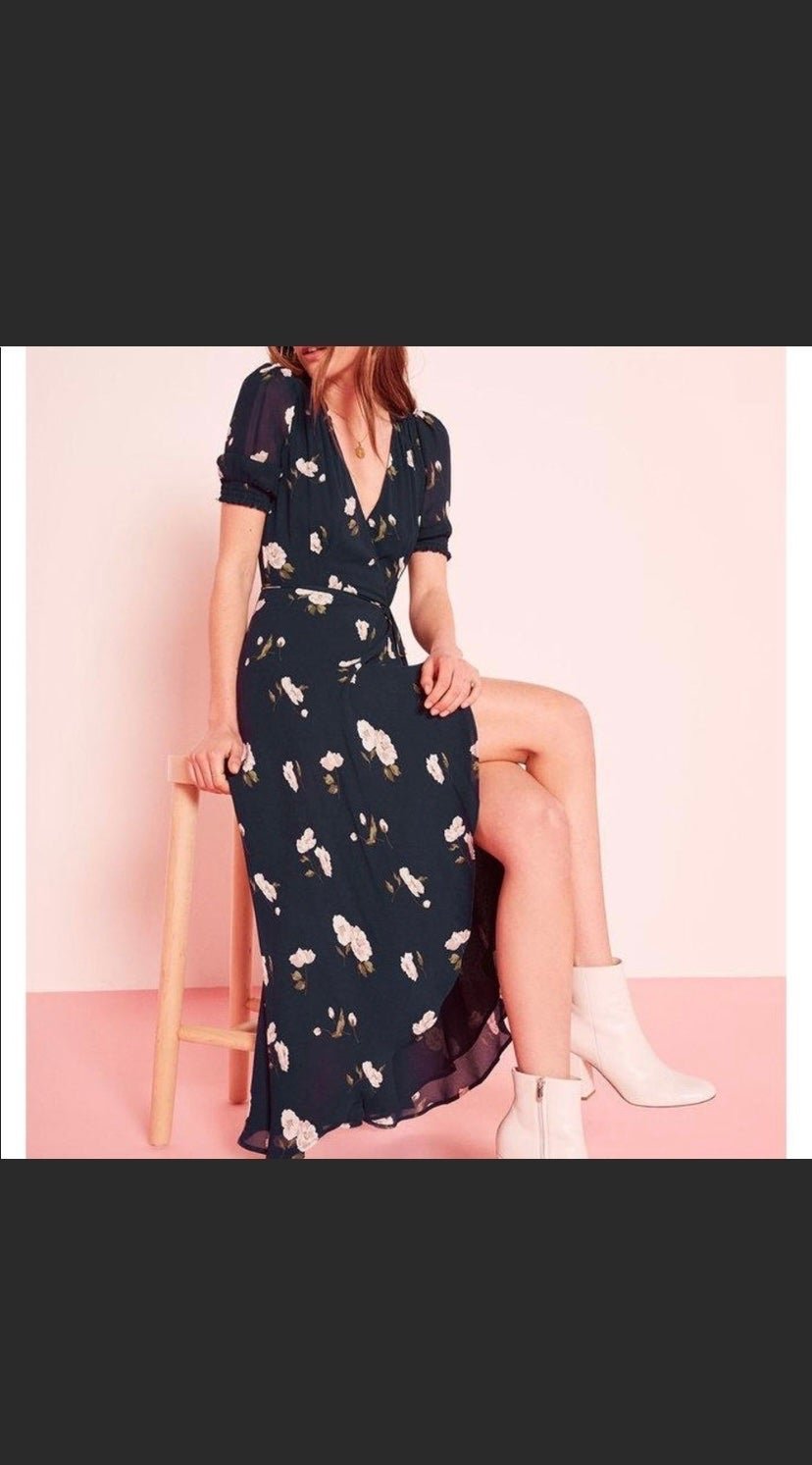 Reformation Navy Floral Wrap Dress